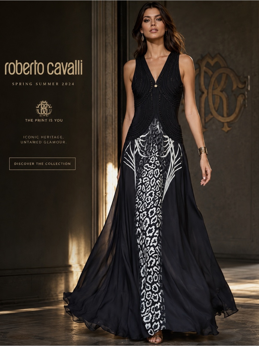 Y2K Roberto Cavalli Black & White Silk Animal Print Maxi Dress IT 42 US S NWT
